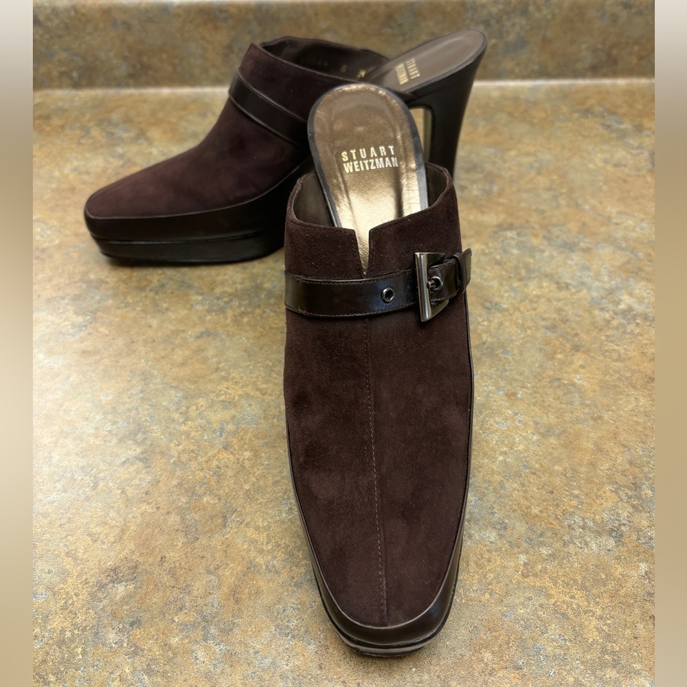 Stuart Weitzman buckled, suede heeled mules